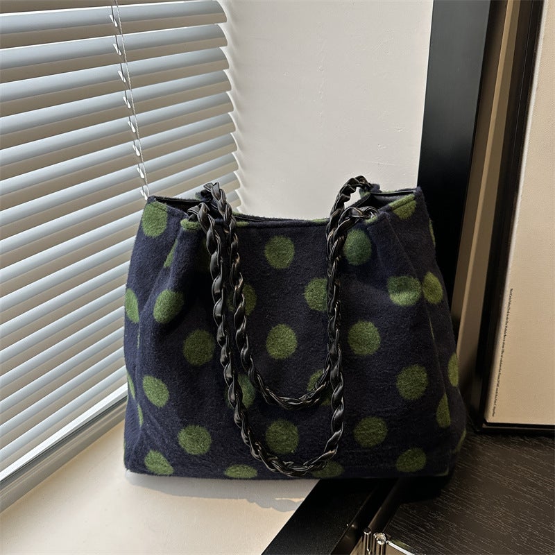 Vintage Polka Dot Suede Handbag Women'S Large Capacity Shoulder Underarm Bag Chain Tote Bag - Image 1